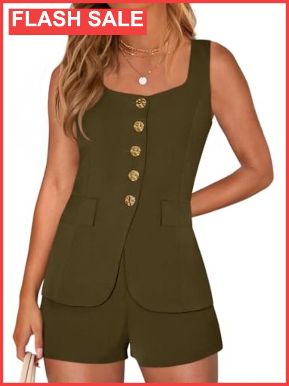 Women's Square Neck Button Down Vest & Shorts Set